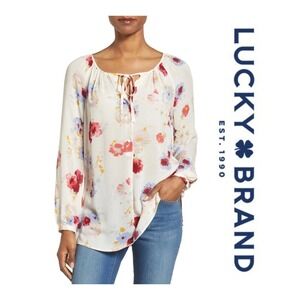 Lucky Brand Cream Floral Long-Sleeve Tie Front Peasant Top Size Large